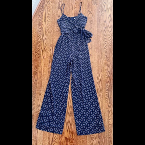 NWOT Michael Kors Navy Blue Gold Circle Pattern Wrap Tie Long Pant Romper Small - Picture 1 of 4